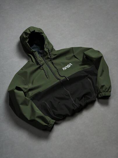 Manfinity Homme Men Long Sleeve Two Tone Letter Graphic Drawstring Hooded Outdoor Windbreaker Jacket, For Fall