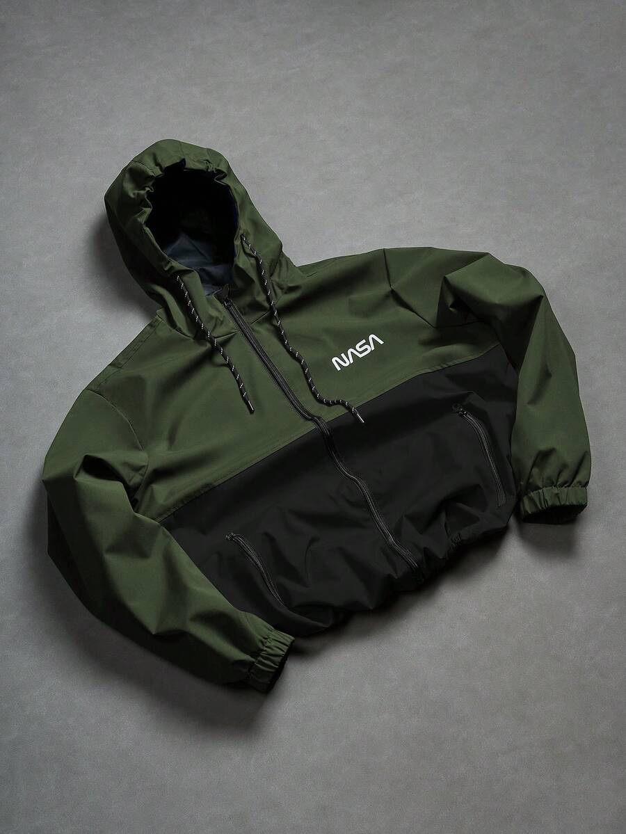 Manfinity Homme Men Long Sleeve Two Tone Letter Graphic Drawstring Hooded Outdoor Windbreaker Jacket, For Fall - Army Green - View 1
