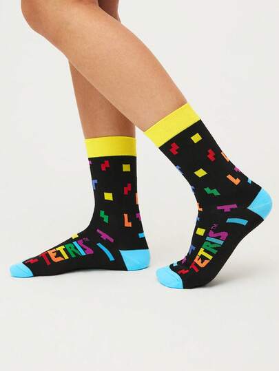 Tetris™ X SHEIN Șosete casual până la jumătatea gambei, moi și respirabile, care absorb umezeala, la modă, drăguțe, negre, cu desene animate, întărite la vârf și la călcâi pentru durabilitate, unisex, pentru bărbați și femei, pentru toate anotimpurile, vară și iarnă, șosete grafice