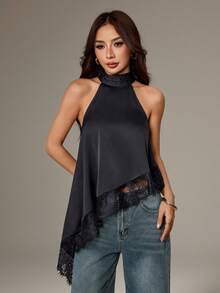 SHEIN PETITE 不对称高领露背吊带上衣，蕾丝边饰，适合晚宴、鸡尾酒会、正式场合，优雅无袖上衣，适合假日、夜间外出、婚礼宾客等夏季和秋季穿着，露肩款式。 - 黑色 - 查看 12