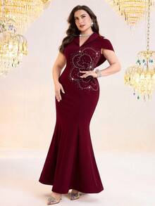 Modelyn 大码优雅派对水钻装饰露肩美人鱼连衣裙 - 酒紅色 - 查看 1