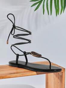 SHUZIA 时尚女士黑色大宝石装饰，系带式易穿拖鞋，时尚舒适，露趾设计，春夏时尚节日复活节鞋 - 黑色 - 查看 6