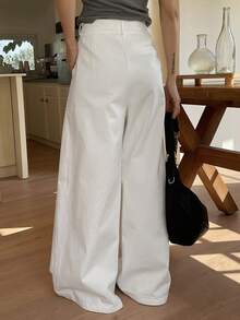 DAZY 女士常规款中腰褶裥宽松直筒休闲裤 - 白色 - 查看 5