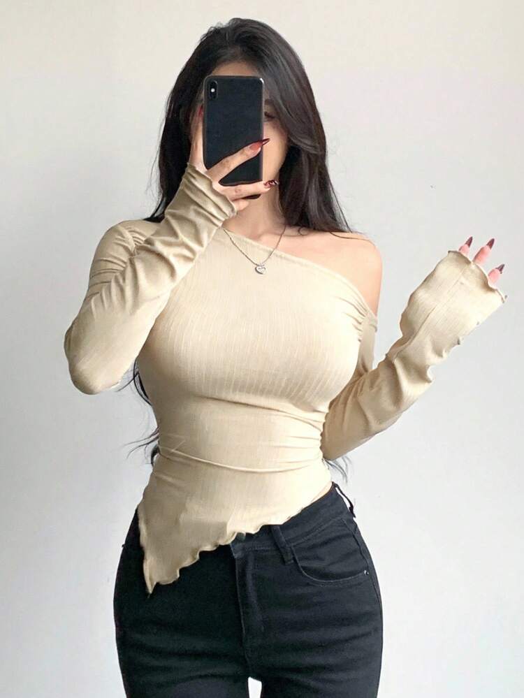 Women's Solid Color Asymmetric Hem Fitted Long Sleeve Casual T-Shirt