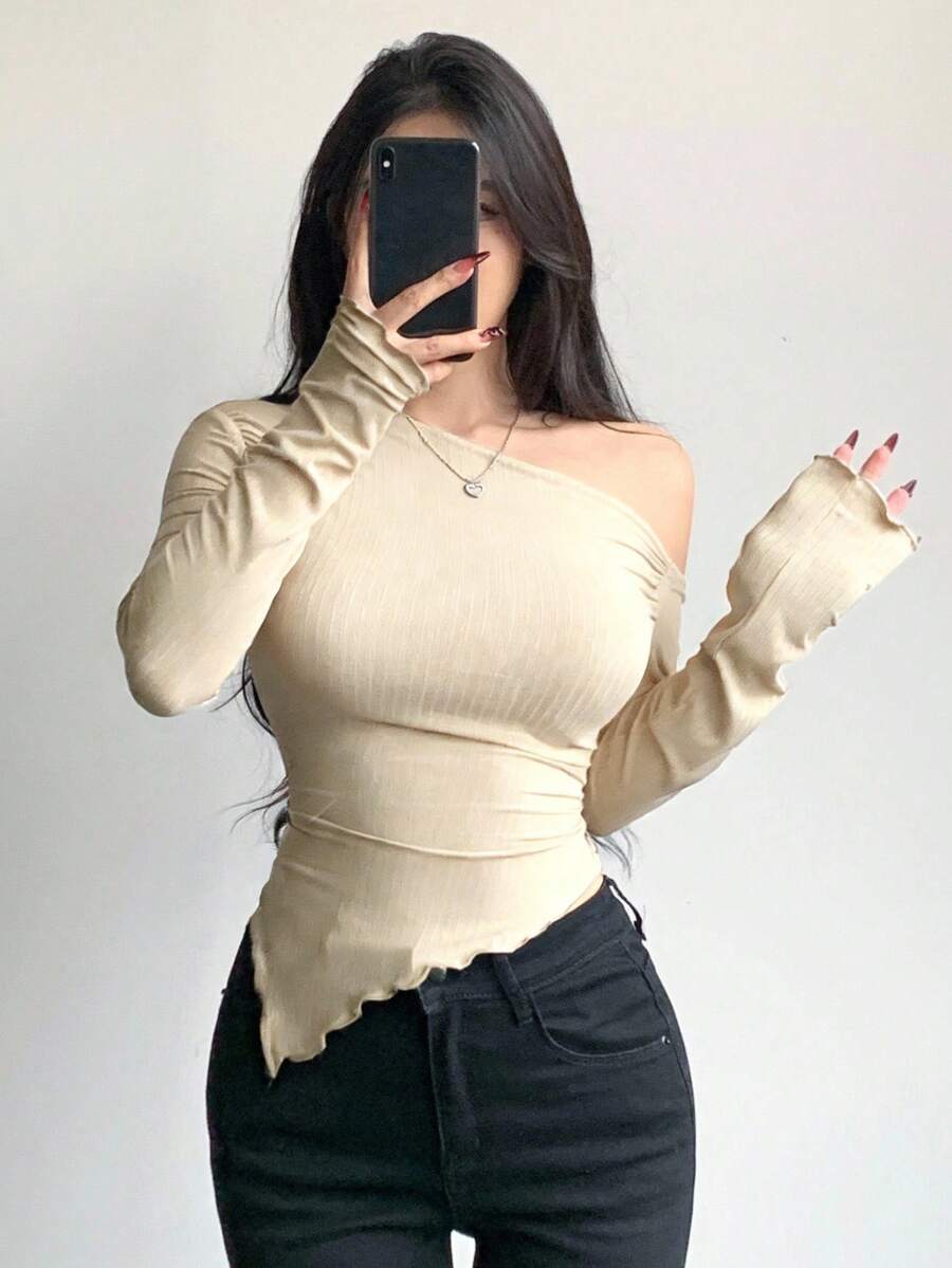 DAZY 女士纯色不对称下摆修身长袖休闲T恤 - 米色 - 查看 1