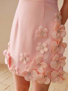 MOTF PREMIUM 女士短款水钻装饰3D立体花卉连衣裙 - 粉色 - 查看 5