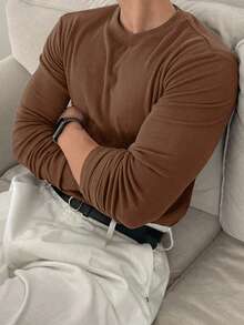 DAZY 男士休闲棕色保暖长袖T恤，秋季 - 鏽棕色 - 查看 6