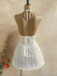 Soleia Women's Vacation Casual Halter Backless Knit Mini Dress - White - View 2