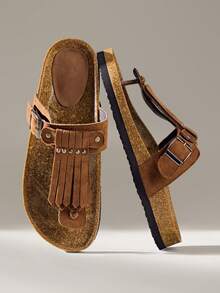 Solecia 女士铆钉流苏人字拖凉鞋，波西米亚风格，棕色，适合海滩旅行和度假 - 棕色 - 查看 2