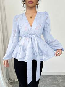 Elenzga Women's Red Chiffon Cut-Out Rose Pattern Long Sleeve Blouse Peplum Top