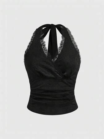 Canotta aderente da donna con collo alla halter in pizzo, stile Y2K sexy