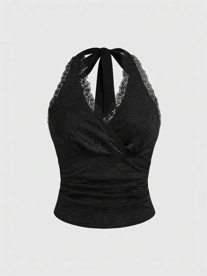 Camiseta ajustada de cuello halter de encaje sexy para mujer, estilo Y2K