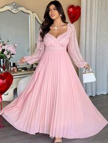 Vionelle Váy xếp ly tay bồng thêu hoa 3D, cổ bẻ, màu tương phản, phong cách cung điện công chúa thanh lịch, dài chấm đất, cỡ lớn dành cho nữ - Hồng - Xem 3