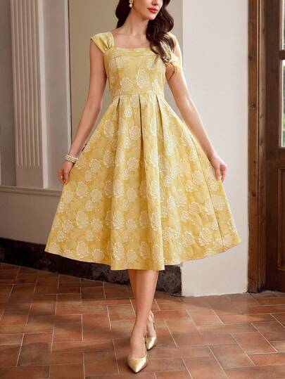 Vintamour Vintage Classic Elegant Women's Dress, Fitted Wide Strap Jacquard Dress With Pockets, Yellow Dress, Spring/Summer