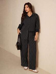 Elaquor Bộ đồ hai mảnh kẻ sọc tối giản, cỡ lớn dành cho nữ, dáng rộng. - màu đen - Xem 6