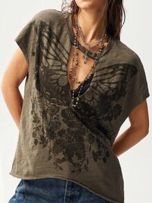 Bohemela Casual Solid Color Knit Round Neck Short Sleeve Loose Washed Women T-Shirt, Retro Graphic Tee, Carnival, Summer Tops, Spring - Army Green - View 4