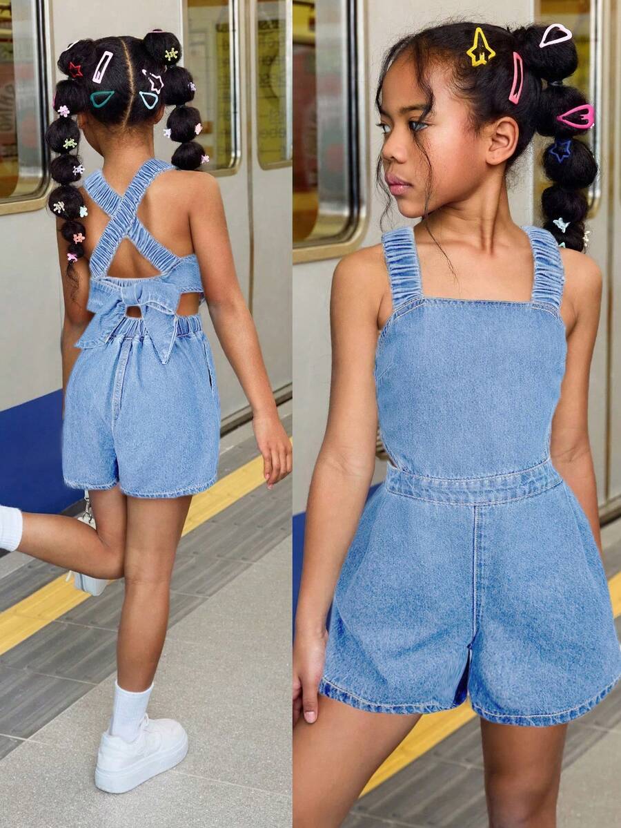 SHEIN Tween Girl Summer Beach Boho Cool & Street-Style Stonewashed Jumpsuit With Cross Back Straps And Open Back, Tween Girl Summer Beach Boho Holiday Clothes Back To School Streetwear Outfits,Girls Concert Rave Casual Outfits - Light Wash - View 1