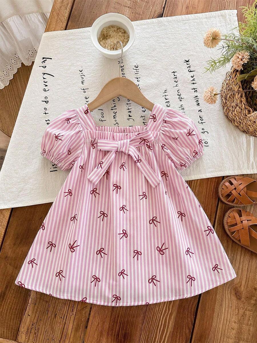 SHEIN LMoss Kids Baby Girl Woven Bow Striped Square Neck Puff Sleeve Fitted Dress,Kids - Multicolor - View 1