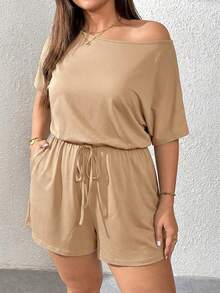 SHEIN Essnce Bộ áo liền quần cỡ lớn cho nữ, trang phục mùa hè, quần short, kiểu trễ vai dễ thương, trang phục mùa hè cho nữ, trang phục dự tiệc, trang phục mùa hè cho nữ, trang phục đi nghỉ mát, bộ áo liền quần thường ngày cho nữ. - Màu Khaki - Xem 5