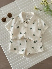 LMoss Kids 男婴可爱仙人掌印花衬衫套装，休闲舒适 - 白色 - 查看 3