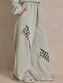 MUSERA 印花宽松阔腿束腰运动裤，夏季运动休闲日常街头风 - 綠色 - 查看 4