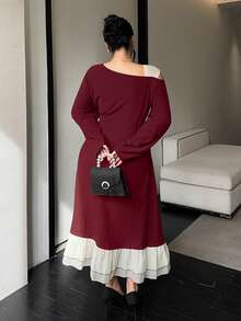 Dazy Plus 大码优雅蝴蝶结系带肩部拼接荷叶边修身派对长裙，黑色，春秋季吊带裙 - 酒紅色 - 查看 2