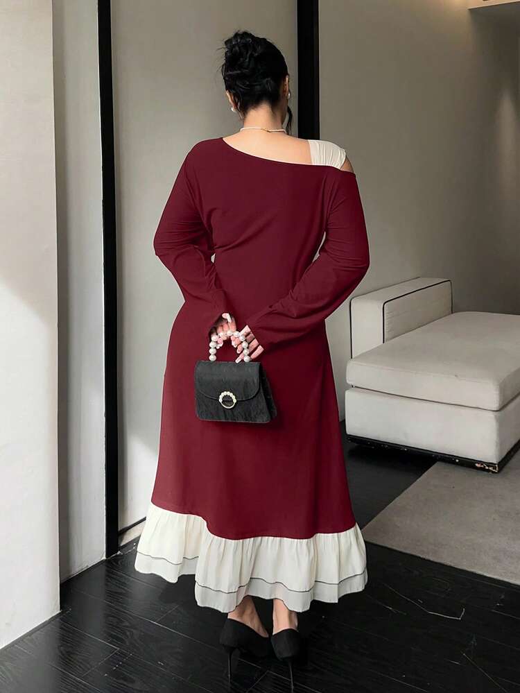 Dazy Plus Plus Size Elegant Bowknot Tie Shoulder Splice Frill Trim Bodycon Party Maxi Dress, Black, Spring/Autumn Sundress