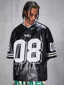 AXEPEAK 男士宽松V领数字印花短袖篮球球衣式T恤，PU皮革材质，适合夏季、校园、街头服饰以及秋冬季穿着。 - 黑色 - 查看 4