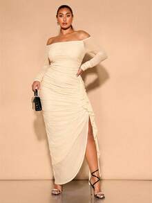 SHEIN BAE Gaun Pesta Maxi Bodycon Berkerut Tanpa Bahu Ukuran Plus Elegan untuk Wanita, Gaun Formal Tamu Pernikahan Warna Hijau Krem Berkerut Warna Beige Musim Gugur yang Elegan - Aprikot - View 3