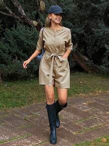 Livesso Women's Waist Cinched Crew Neck Mid-Length Sleeve Jumpsuit - Khaki - View 3