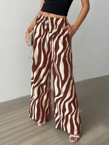 Rafferiza 女士休闲阔腿裤，人字纹花卉图案，收腰设计 - 棕色 - 查看 1