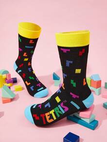 Tetris™ X SHEIN Soft & Breathable Moisture-Wicking Casual Mid-Calf Socks Fashionable Cute Cartoon Black Crew Socks Reinforced Toe & Heel For Durability Unisex For Men & Women All Season All-Match Summer Winter,Graphics Socks - Multicolor - View 6