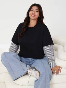 SHEIN EZwear Nuevo casual de primavera/verano 2026 para uso diario, fiesta, cita, cumpleaños, festival de música, vuelta al colegio, de múltiples ocasiones, se puede usar como prenda exterior o en capas, camiseta de manga corta holgada de punto negro con empalme de rayas negras de talla grande - Multicolor - Ver 1