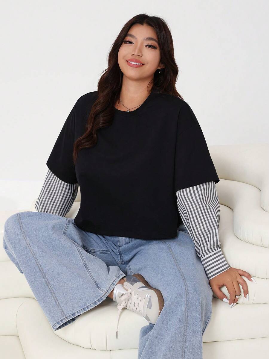 SHEIN EZwear Nuevo casual de primavera/verano 2026 para uso diario, fiesta, cita, cumpleaños, festival de música, vuelta al colegio, de múltiples ocasiones, se puede usar como prenda exterior o en capas, camiseta de manga corta holgada de punto negro con empalme de rayas negras de talla grande - Multicolor - Ver 1