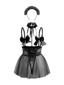 Fantasy Costume Fantasy Costume 大码蕾丝蝴蝶结内衣套装，2件套 - 黑色 - 查看 9