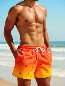 CoralVoy Pantalones cortos de playa con estampado de ancla degradado, cintura con cordón y bolsillo en diagonal, estilo de vacaciones de verano para hombres - Naranja Coral - Ver 6
