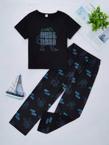 Boys' Casual Cute Dinosaur Print Short Sleeve Top And Pants Pajama Set Summer Sets For Boy Tween Boy Clothes Set - Black - View 4