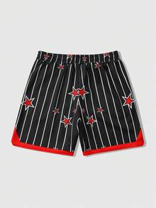 ROMWE MEN 男士夏季休闲格子字母印花撞色条纹滚边抽绳腰篮球短裤 - 彩色 - 查看 2