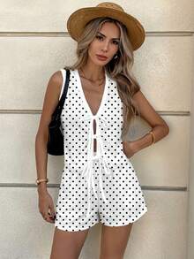 Easowa 2pcs Women Polka Dot Print Camisole Top And Shorts Set, Suitable For Spring/Summer,Spring And Summer , Black And White Pocardi Polka Dot Spring,Casual - Multicolor - View 6