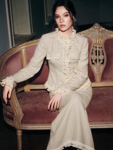 Anewsta 女士荷叶边拼接优雅上衣和半裙两件套 - 杏色 - 查看 1