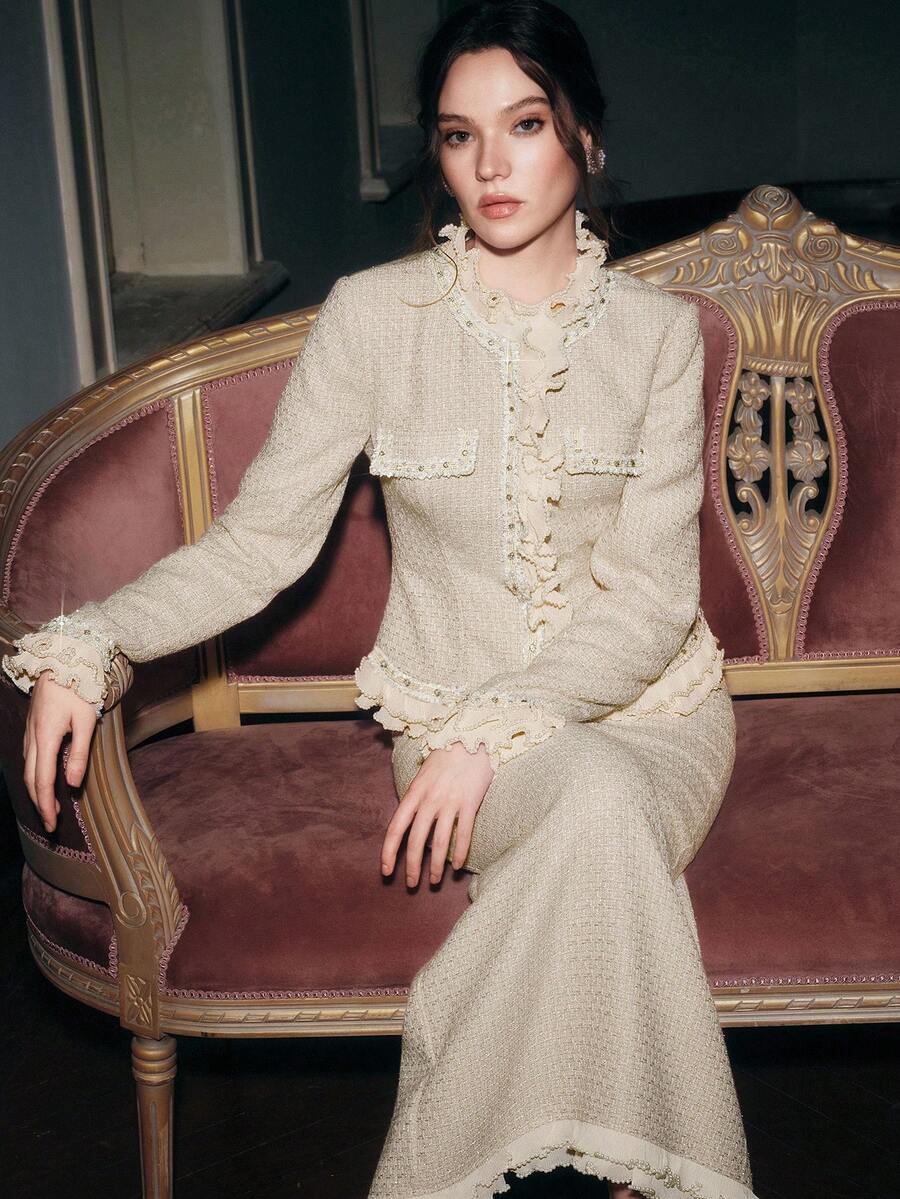 Anewsta 女士荷叶边拼接优雅上衣和半裙两件套 - 杏色 - 查看 1