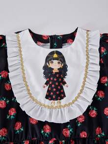 Cute Tween Girls Black Flared Long A Line Dress With Half Puff Sleeves And Round Neck Graphic Print Floral Pattern For Sisters Matching - Black - View 5
