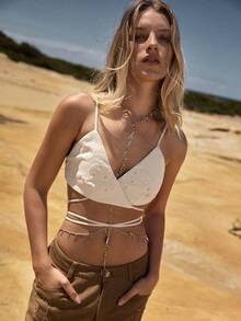 MOTF STUDIO 女士系带裹身吊带背心，棉质面料，饰有铆钉和刺绣花卉图案，适合度假穿着