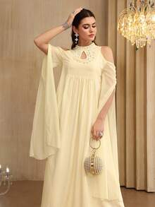 Al Najma Elegant Hollow Sleeve Flared Dress With Stand Collar, Spring/Summer - Yellow - View 2