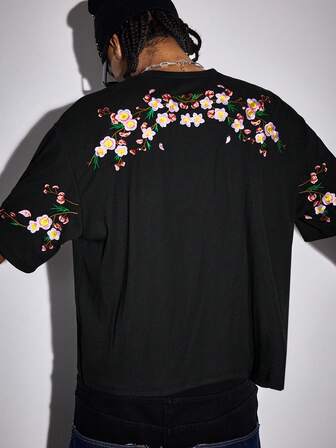 Street Life Maglietta casual a maniche corte da uomo con ricamo floreale e collo rotondo, versatile