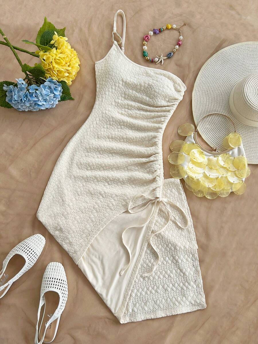 Soleia Vestido de punto con textura de gofre, ajustado, con abertura, fruncido y cordón, adecuado para fiesta, cita, sexy, té de la tarde, playa, verano, festival de música, temporada de bodas - Beis - Ver 1
