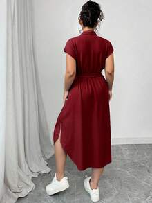 Elenzga Plus Size Women's Elegant Alice Fabric Shirt Collar Raglan Sleeve Waist Tie Bow Wooden Button Spring/Summer New Versatile Casual Club Fashionable Design Dress - Burgundy - View 2