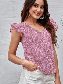 SHEIN Clasi Women's Casual Ditsy Floral Ruffle V-Neck Blouse, Summer - Purple - View 3