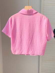 Comfortcana Pink Textured Knit Fabric Button Front Short Sleeve Shirt Button Up Top Women Shirts Summer Crop Shirt For Women Cropped Shirts Cropped Button Up - Pink - View 2