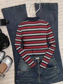 Rina Fox Women's Striped Polo Collar Long Sleeve Cropped Fitted Casual T-Shirt